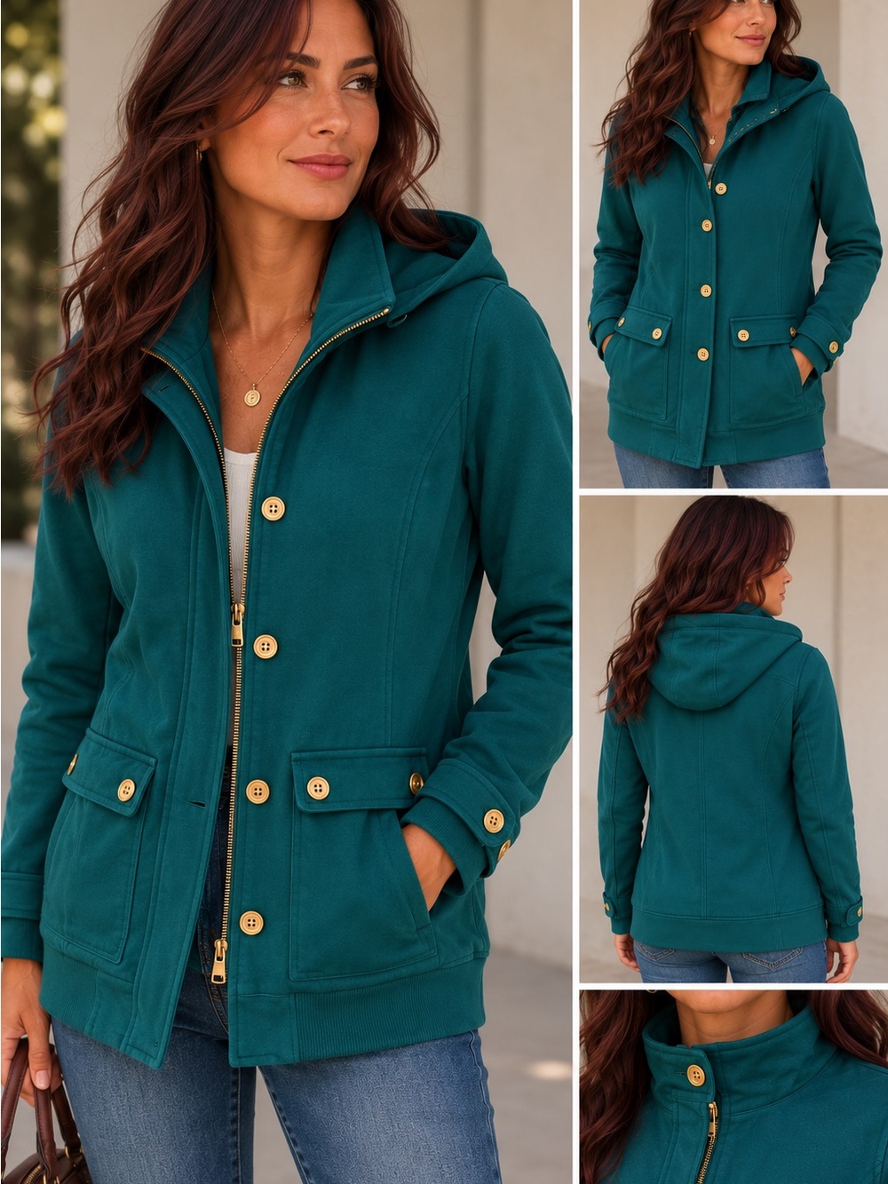 Style on Sport Peacoat-Style Hooded cotton sweater Jacket in Teal Womens xl